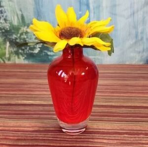 RUBY RED MCM Murano Style Vintage Hand Blown Glass Bud Vase With Clear Base 5"